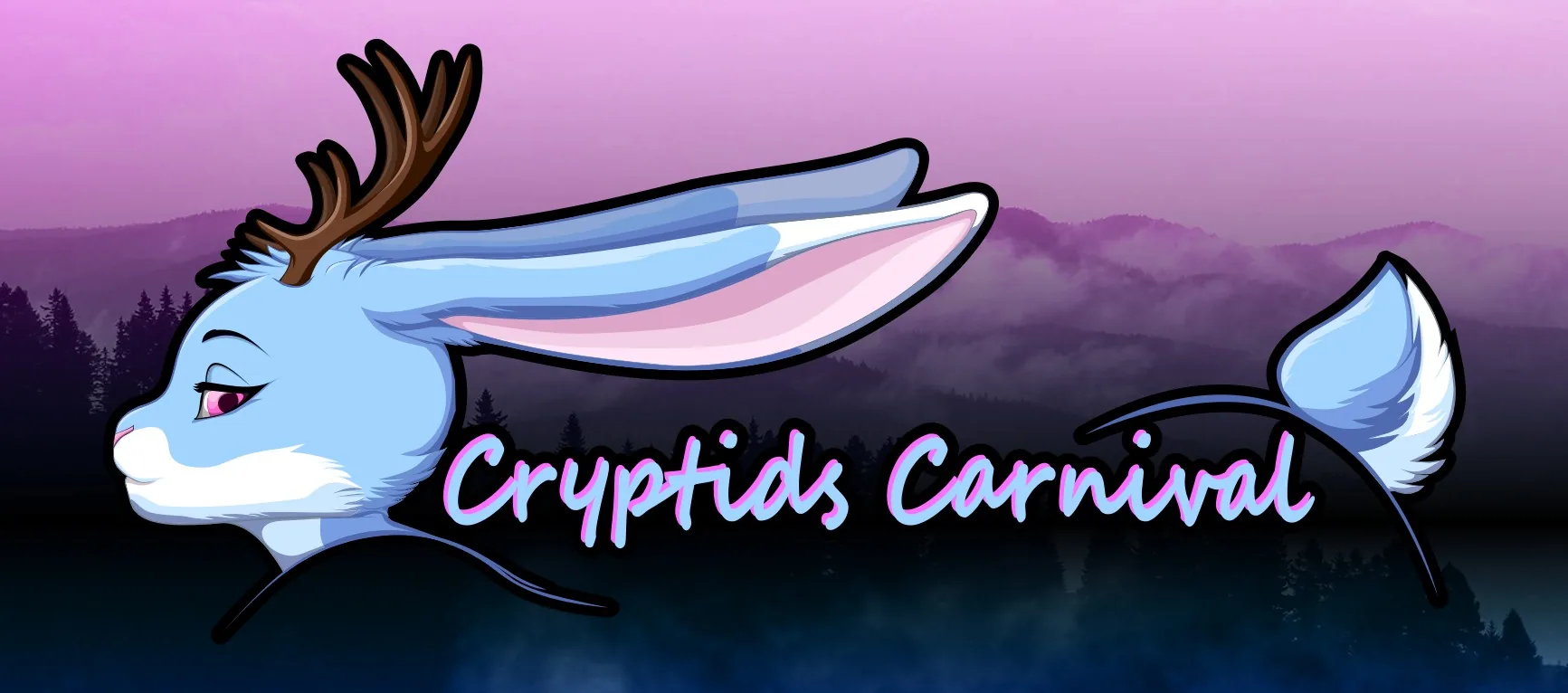 Cryptids Carnival banner: the blue jackalope mascot over a misty forest at dusk