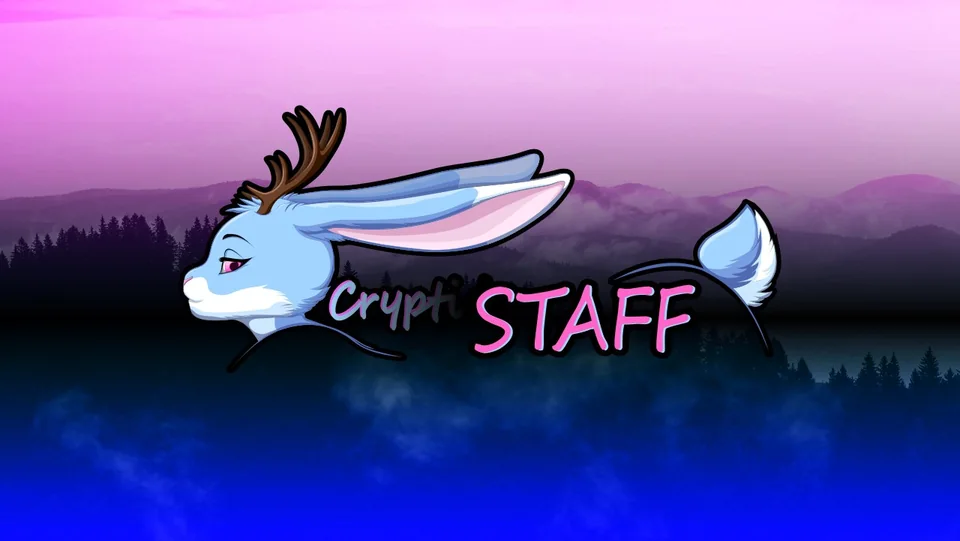 The Cryptids Carnival STAFF group banner: the jackalope mascot over a misty forest, with STAFF lettered in pink
